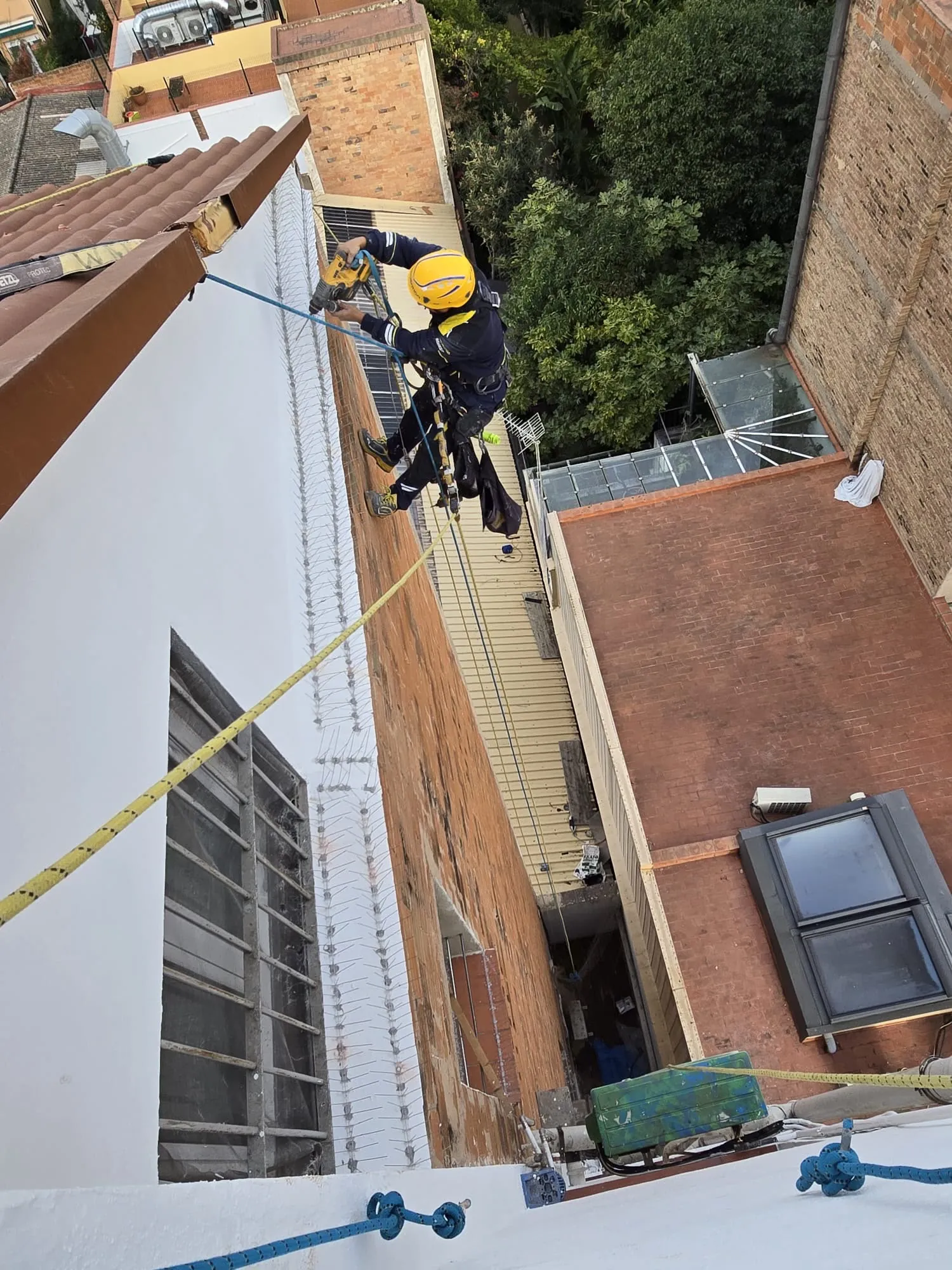 Operarios reparando una fachada con mortero y llana